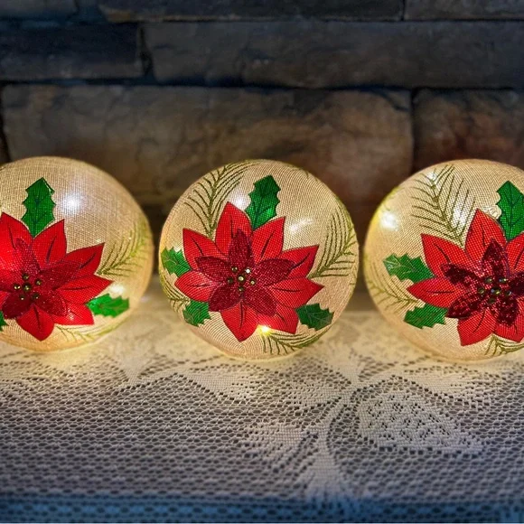 3 Round Burlap Festive Poinsettia lighted Holiday Balls On/off/timer decor - Picture 4 of 8